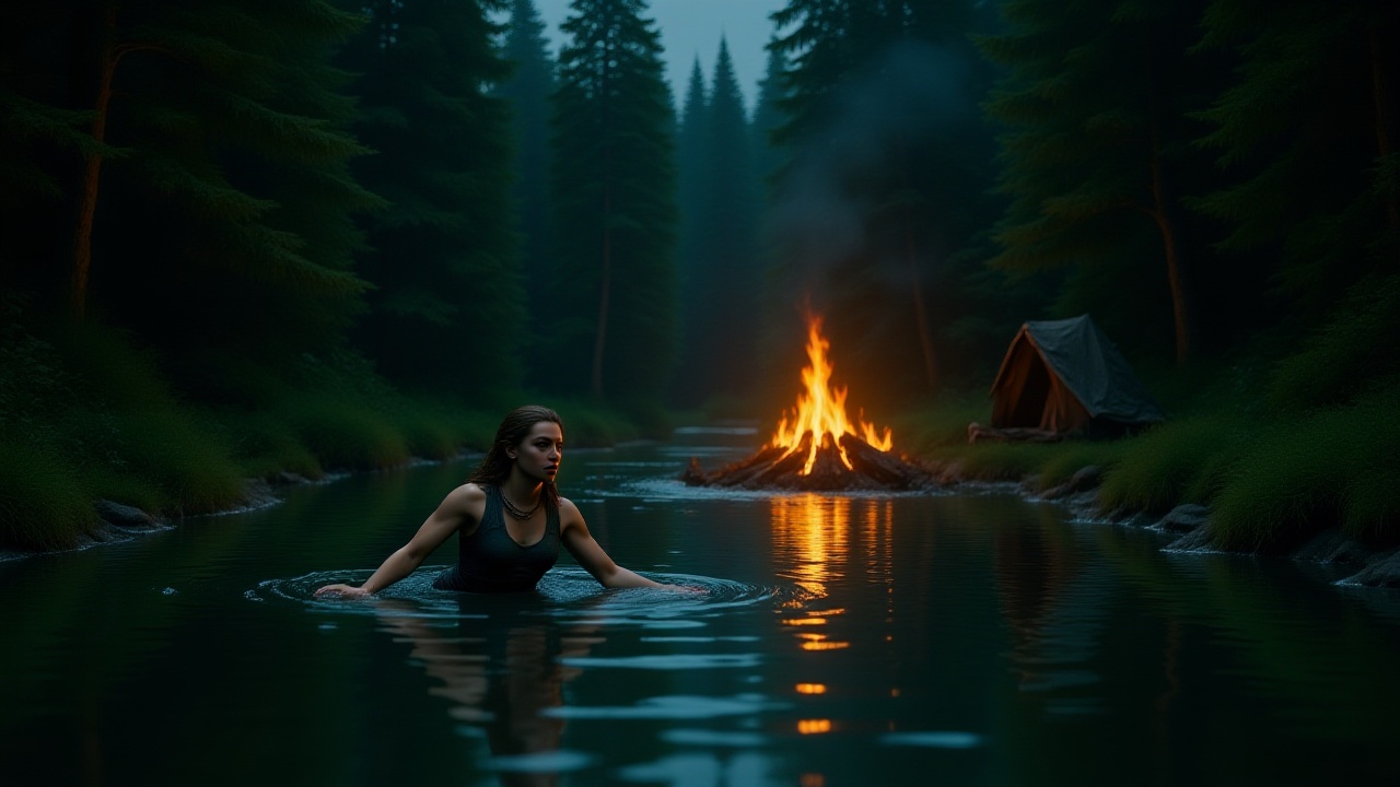A powerful female warrior swimming gracefully in a serene river,  close to her cozy camp. The river flows calmly,  its wat...