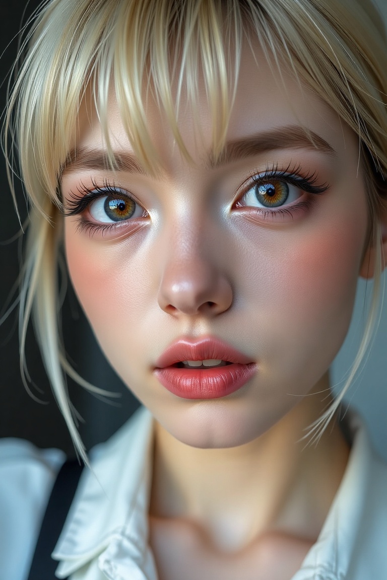 16K,  UHD:1.2,  1girl solo short hair blonde hair looking at viewer bangs hair between eyes parted lips choker lips brown...