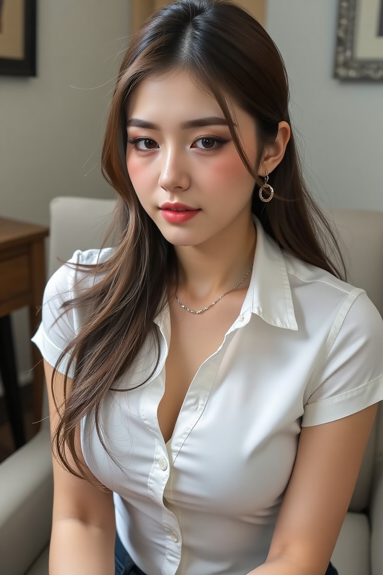A high-resolution,  ultra-detailed image of 1girl solo breasts brown hair shirt black hair cleavage medium breasts sitting...