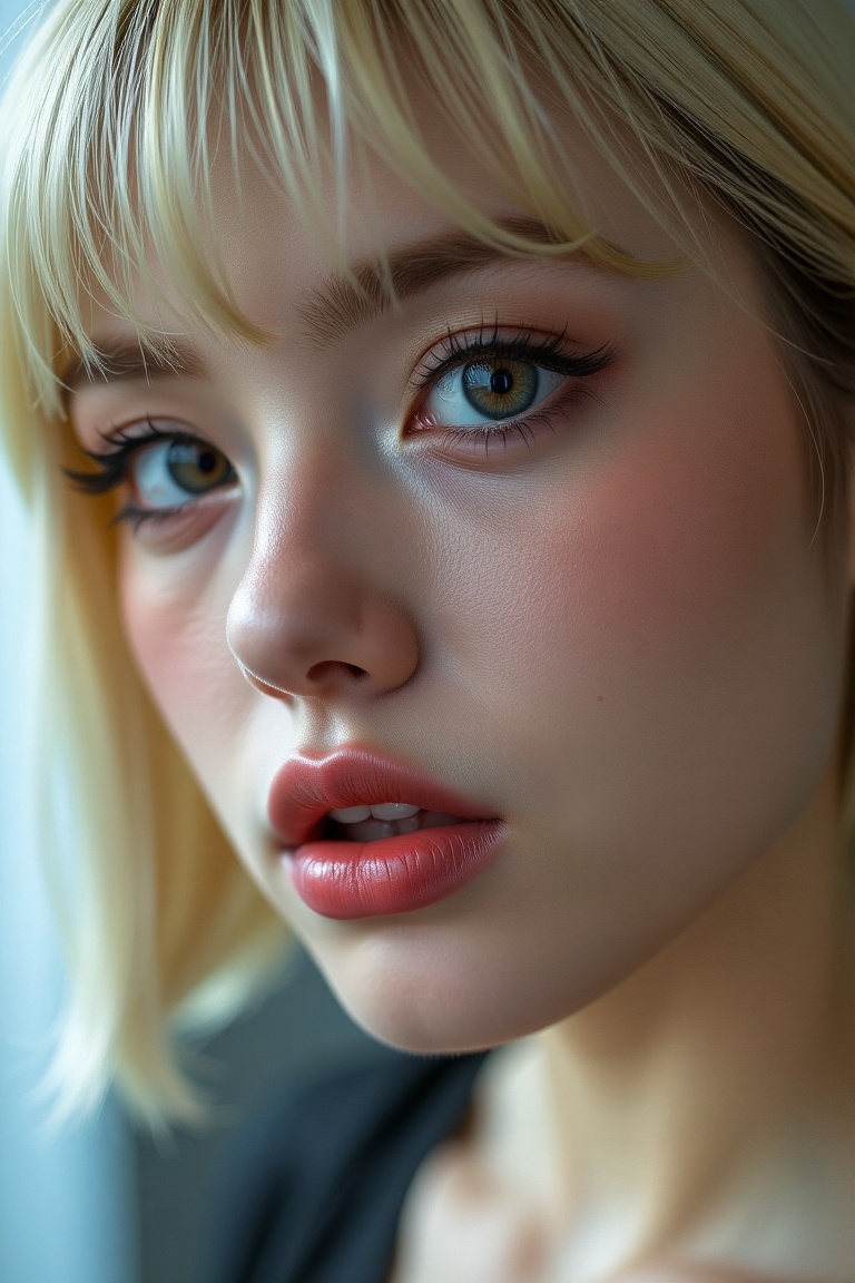 16K,  UHD:1.2,  1girl solo short hair blonde hair looking at viewer bangs hair between eyes parted lips choker lips brown...