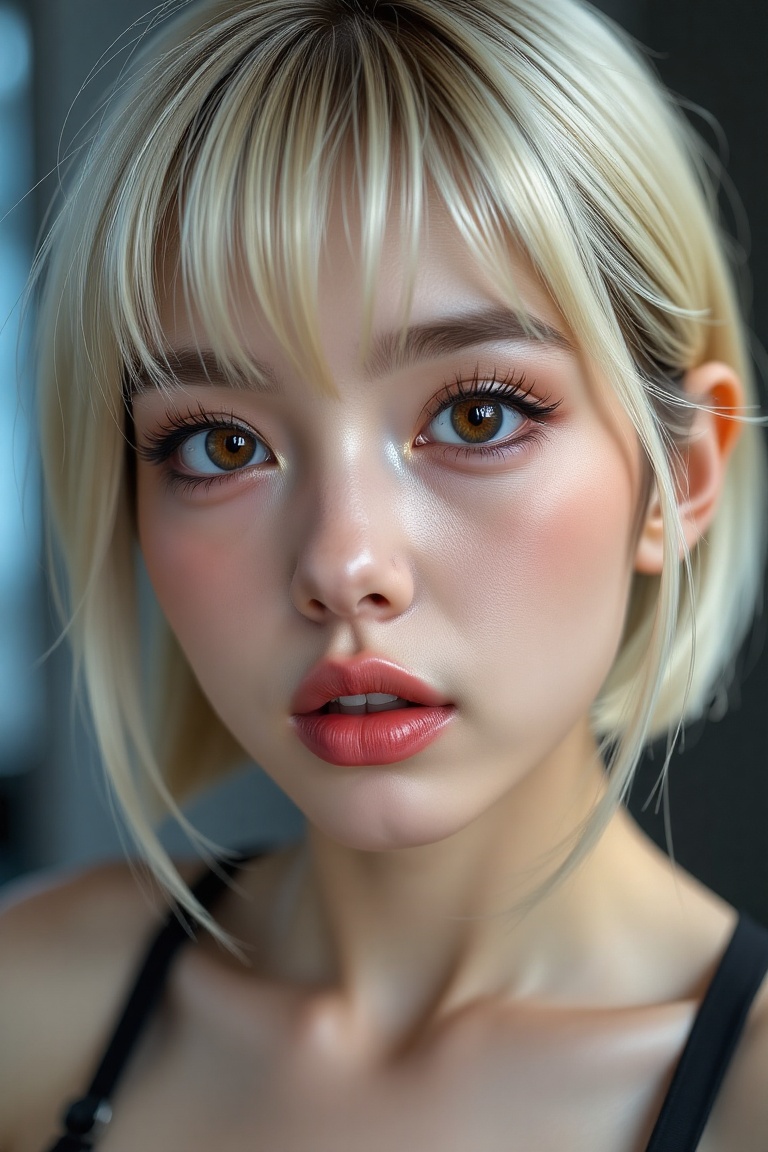 16K,  UHD:1.2,  1girl solo short hair blonde hair looking at viewer bangs hair between eyes parted lips choker lips brown...
