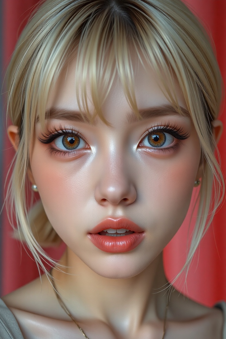 16K,  UHD:1.2,  1girl solo short hair blonde hair looking at viewer bangs hair between eyes parted lips choker lips brown...