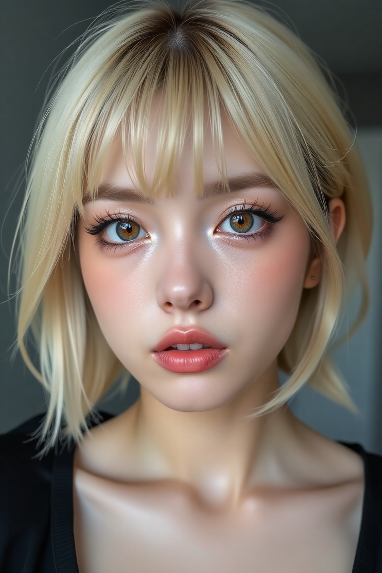 16K,  UHD:1.2,  1girl solo short hair blonde hair looking at viewer bangs hair between eyes parted lips choker lips brown...