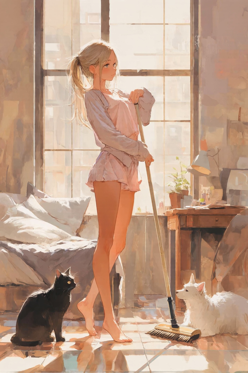 nijiwatercolor1q anime illustration. A young woman is standing in a sunlit room,  holding a broom. She is dressed in a lig...