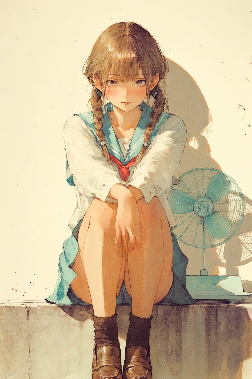 nijiwatercolor1q anime illustration. A girl is sitting on a concrete surface,  leaning forward slightly. She has light bro...
