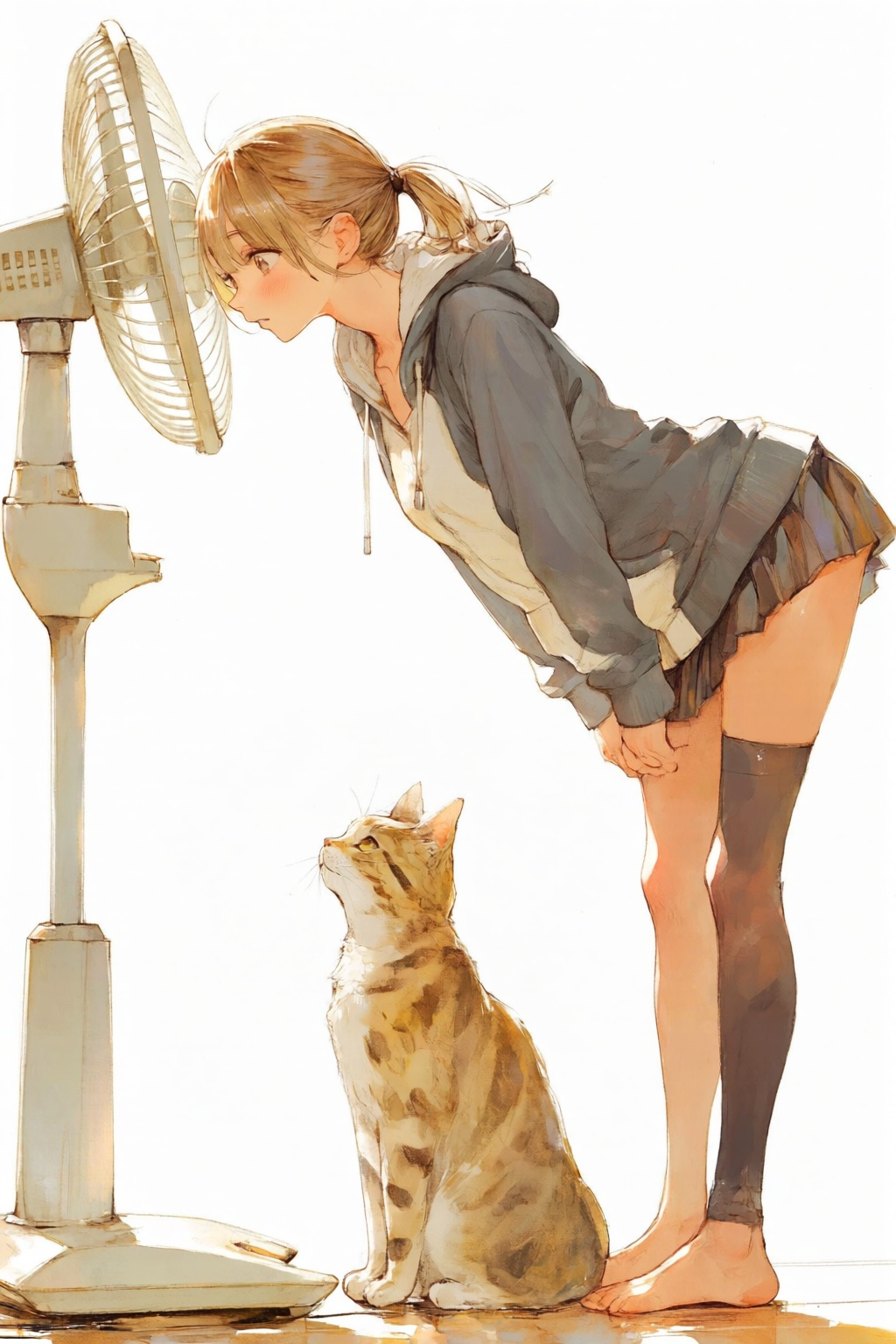 nijiwatercolor1q anime illustration. A young woman,  shown in side profile,  with blonde hair tied into a ponytail on Tens...