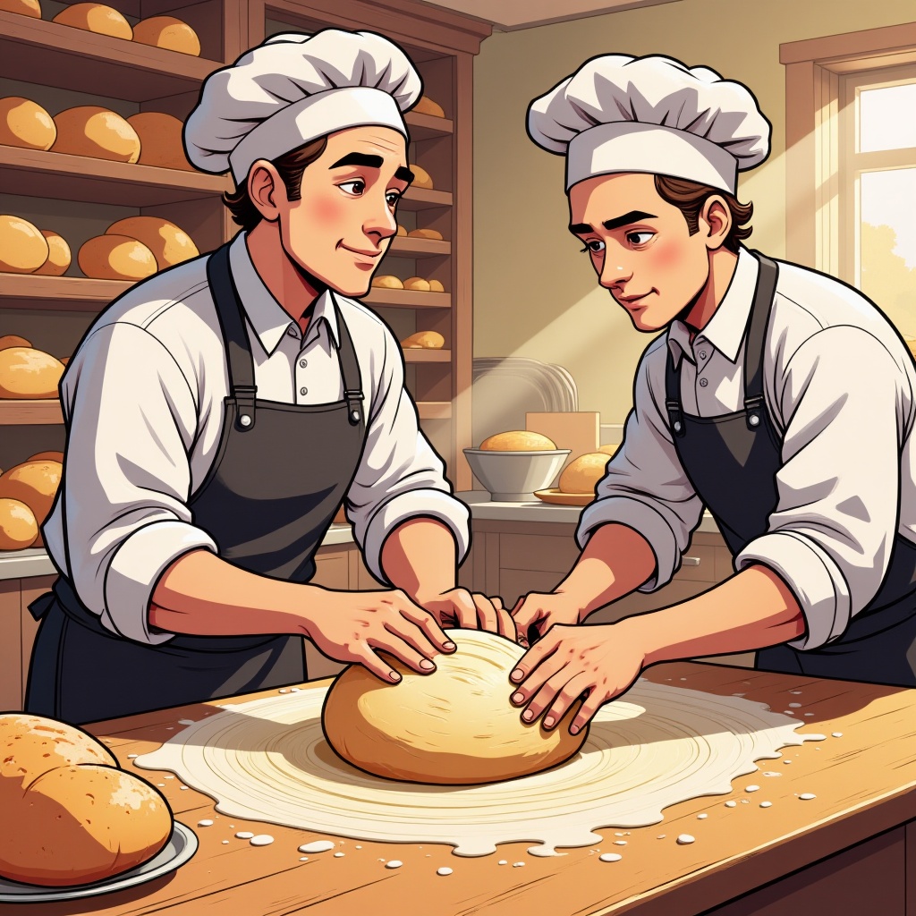 Two bakers,  one with flour-dusted apron and chef's hat,  one younger with rolled sleeves on Tensor.Art