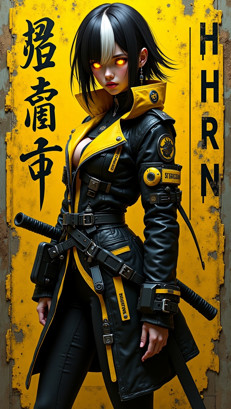 A gritty,  full-body cyberpunk street samurai anime girl,  highly detailed illustration on Tensor.Art