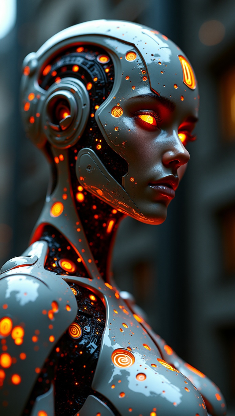 Macro shot of glossy hazard-pattern cyber armor on a robotic female body,  glowing symbols etched into plating,  mechanica...