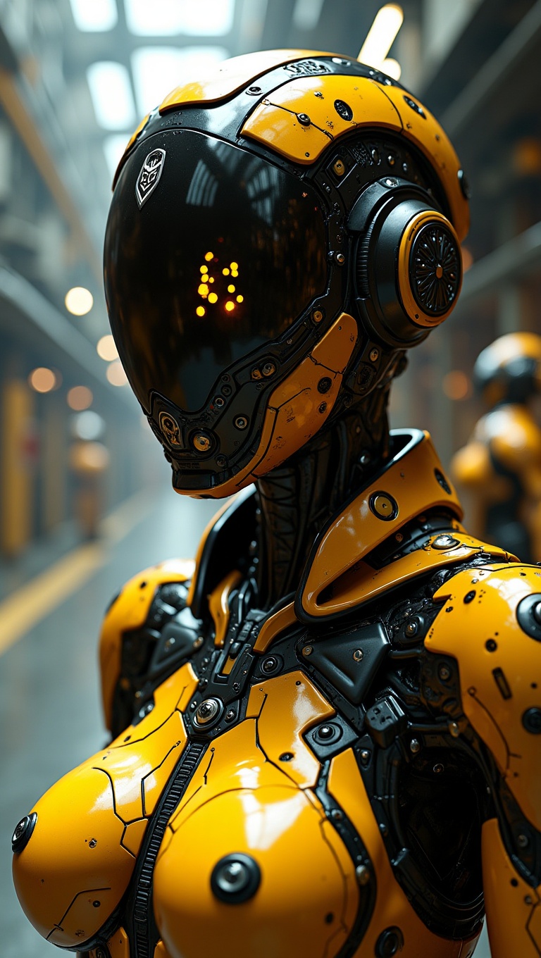 Ultra-detailed CGI of a futuristic female android with black-and-yellow hazard armor,  full helmet visor with glowing glyp...