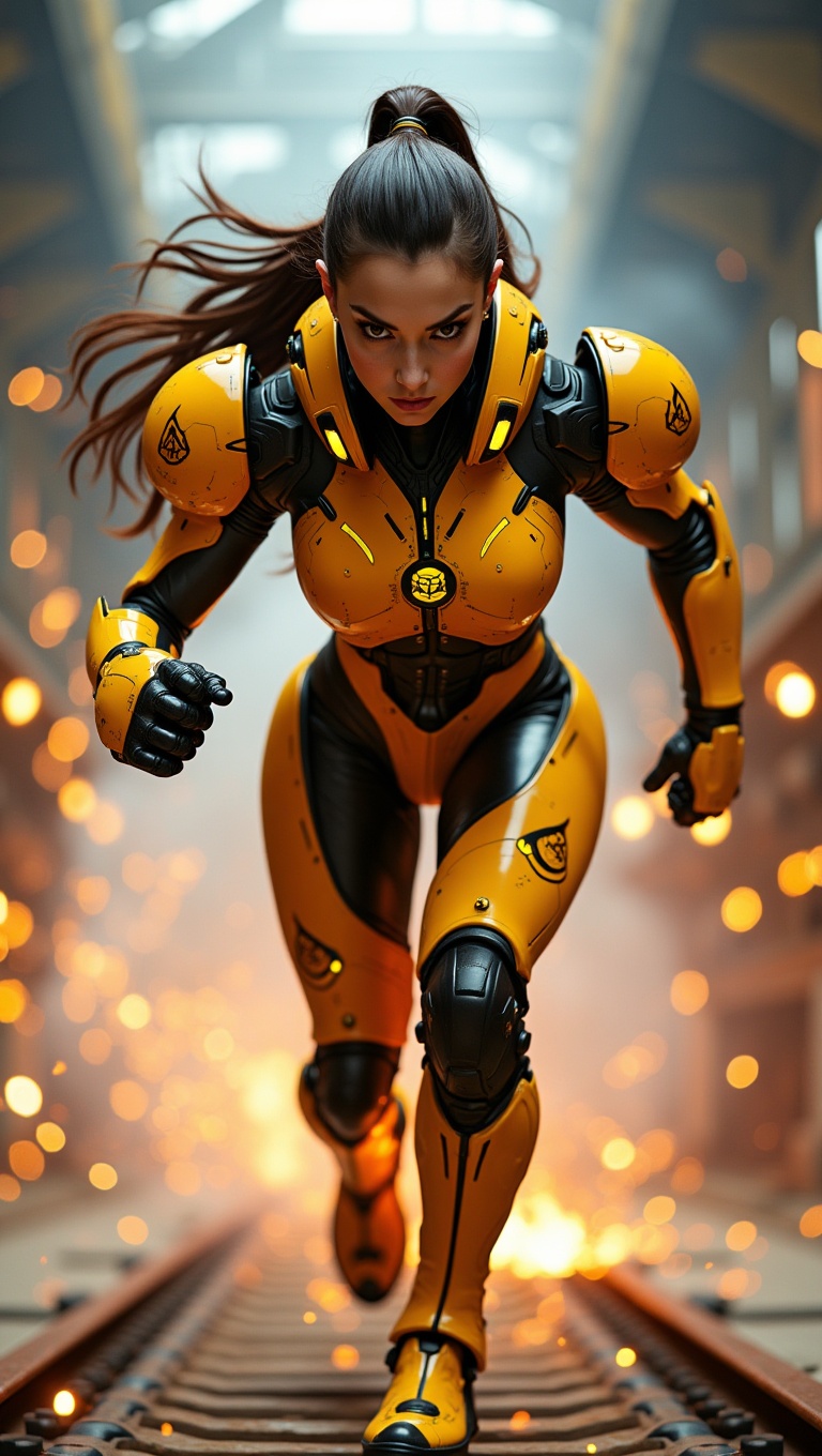 Dynamic action shot of a cyberpunk mecha girl launching forward in a yellow-black armored suit with glowing glyphs,  indus...