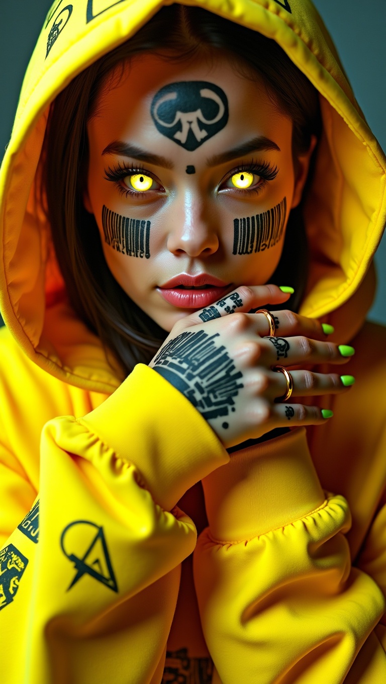 Edgy cyber streetwear model with luminous yellow eyes and barcode-style tattoos on face and fingers,  wearing oversized ye...