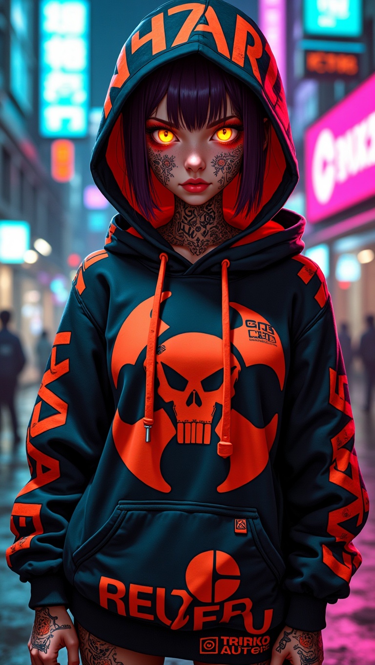 Futuristic urban rebel girl with luminous amber eyes and schematic tattoos etched over her skin,  oversized hazard-themed...