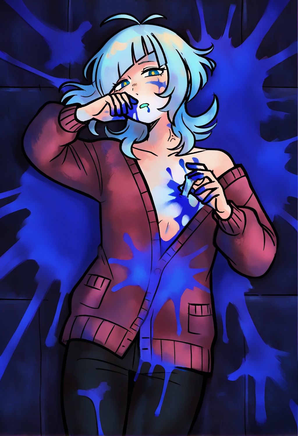 floating hair,  looking at viewer,  dark blue walls on Tensor.Art