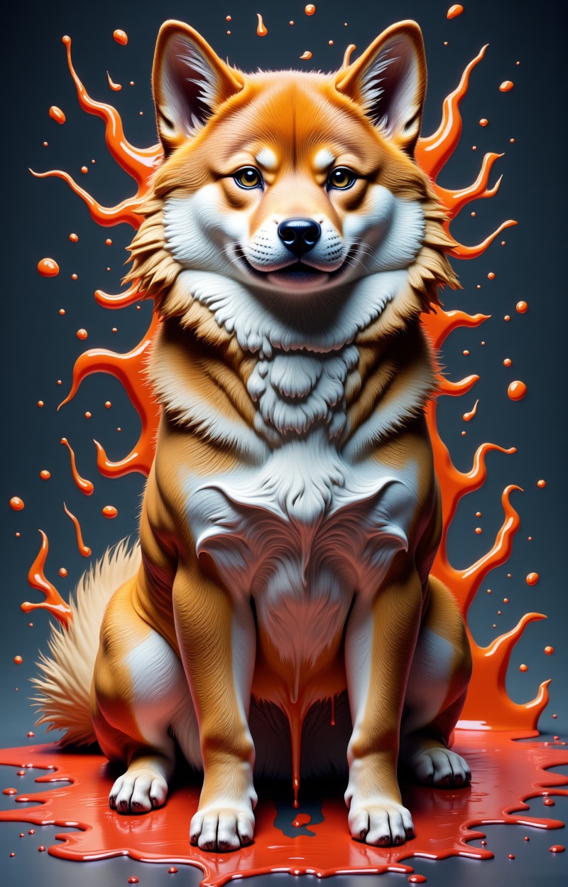 Meltcreaplay. Shiba Inu dod. Portrait of a Shiba Inu dog in a full body,  sitting pos. Portrait of a dog,  melting face an...