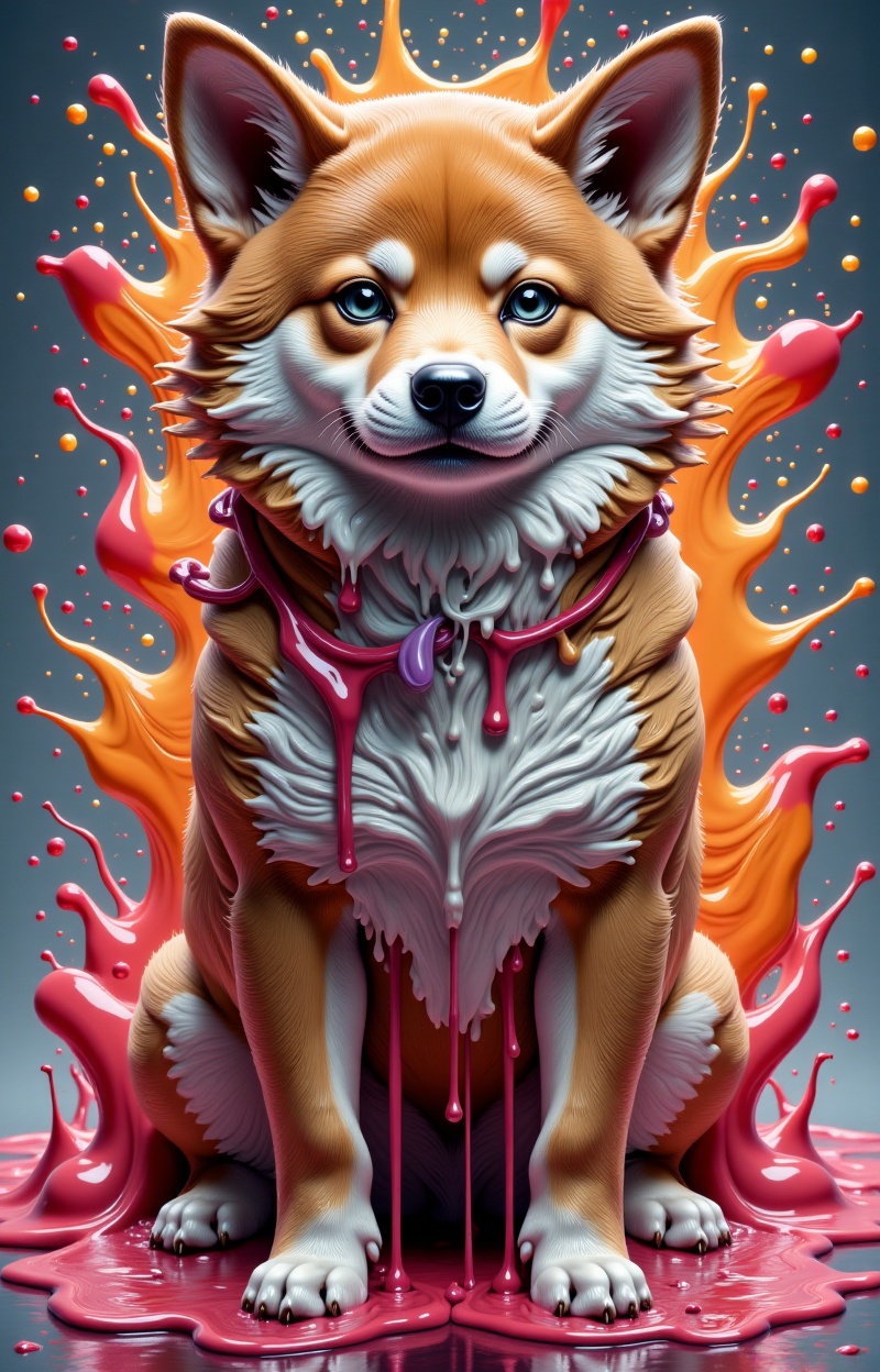 Meltcreaplay. Shiba Inu dod. Portrait of a Shiba Inu dog in a full body,  sitting pos. Portrait of a dog,  melting face an...