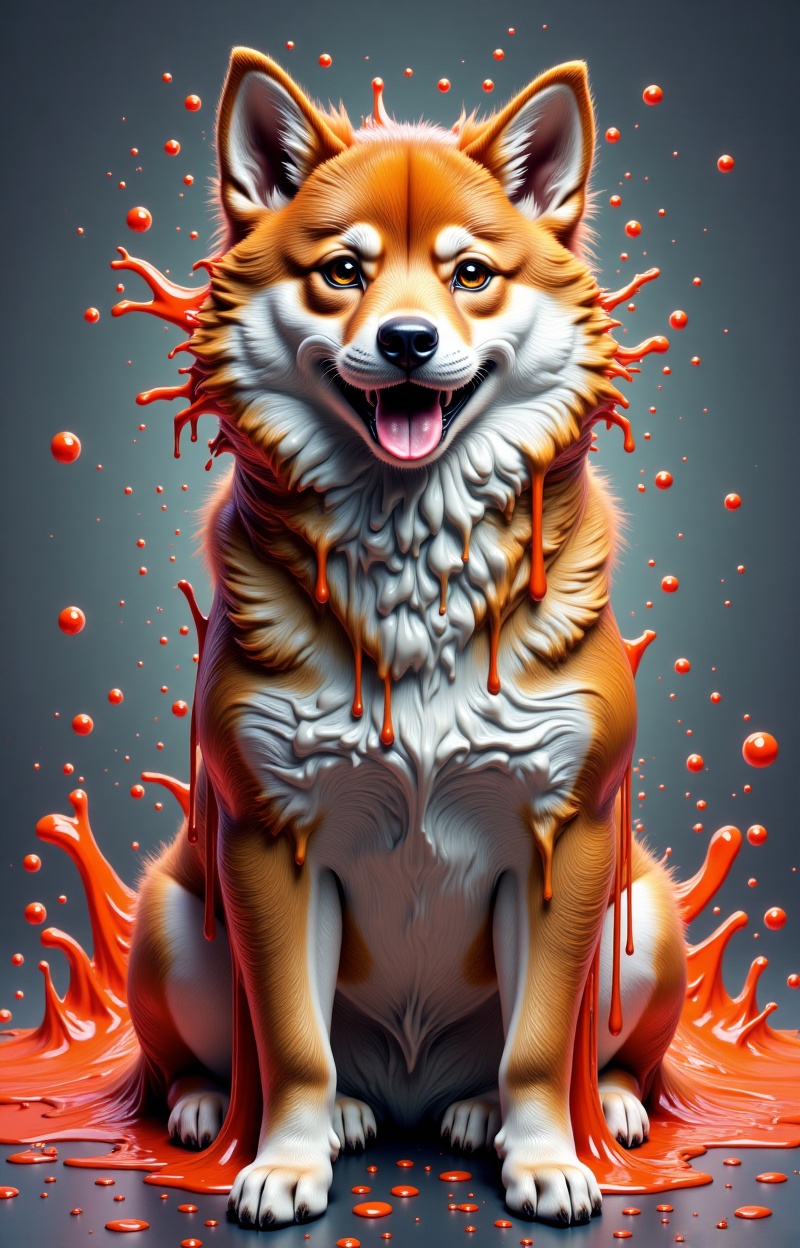 Meltcreaplay. Shiba Inu dog. Portrait of a Shiba Inu dog in a full body,  sitting pos. Portrait of a dog,  melting face an...
