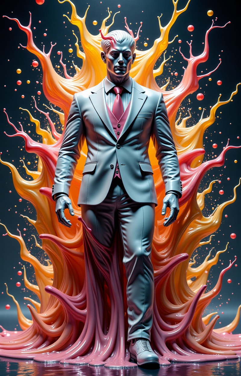 Meltcreaplay. Human body full clothed,  full dressed melting into a statue,  liquid morphing effect on Tensor.Art