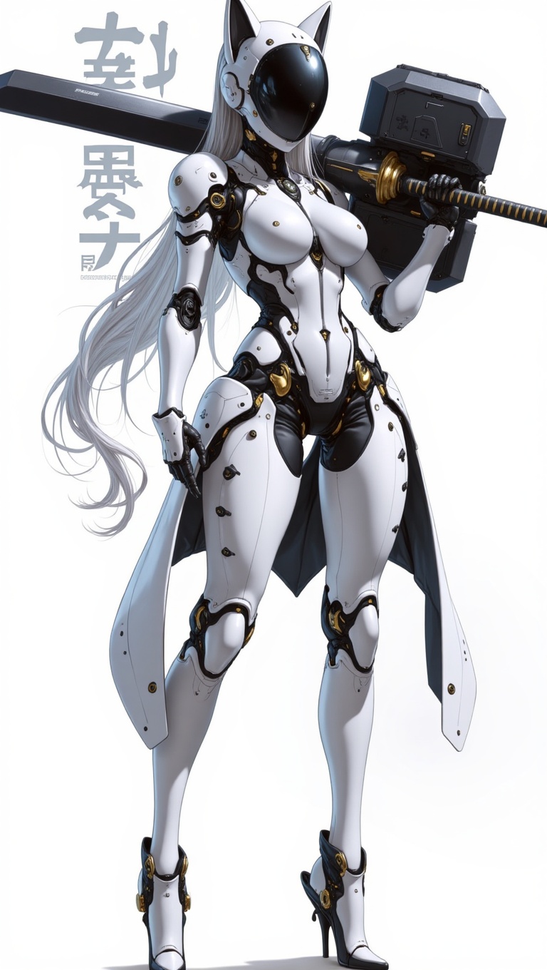 8K UHD,  full body or upper body portrait of a tall female android warrior,  futuristic cat-ear helmet with glossy black v...