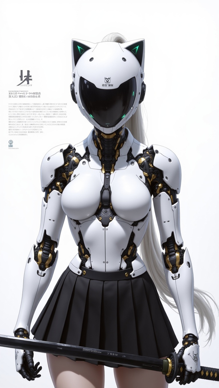 This image portrays a striking and elegant female android samurai,  blending futuristic robotics with traditional Japanese...