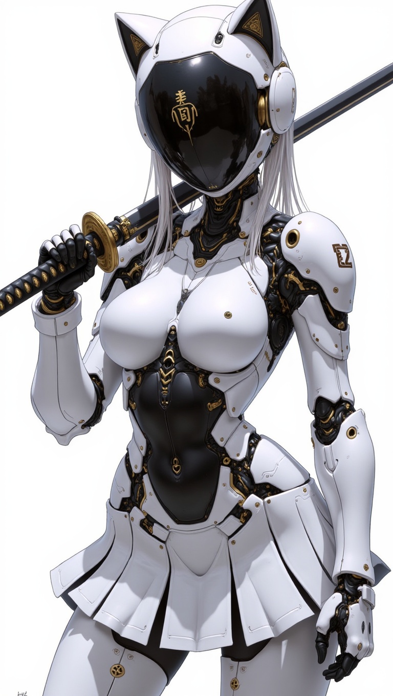 A hyper-detailed futuristic female android warrior in anime style,  designed with sleek white glossy armor plating and exp...