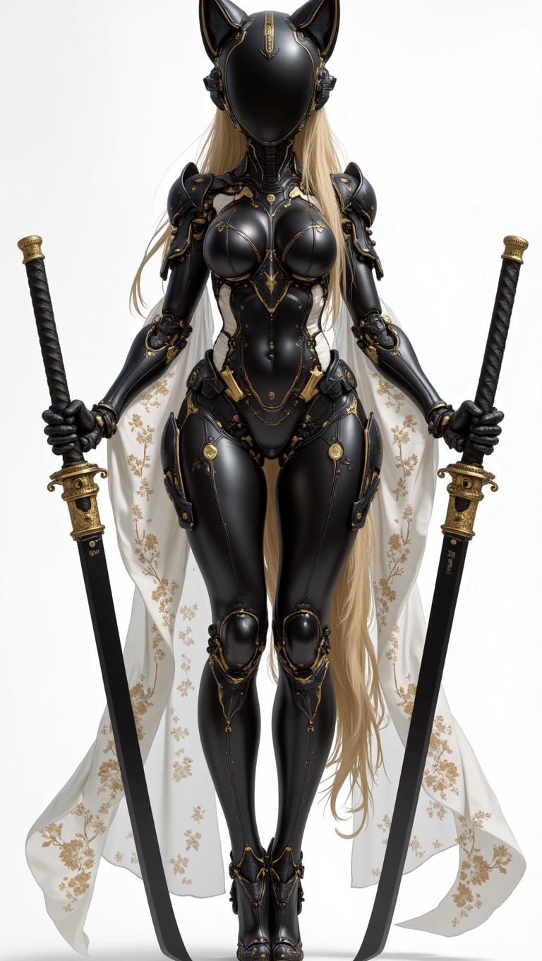 A cybernetic female warrior stands tall,  clad in sleek black armor adorned with intricate golden engravings and gothic me...