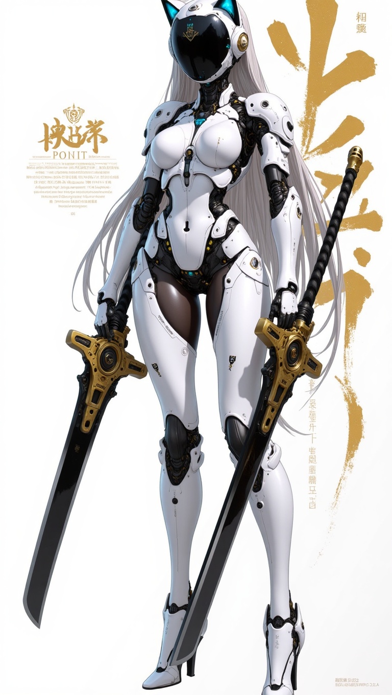 Ultra-detailed digital illustration of a futuristic female android warrior viewed from behind,  designed with sleek white...