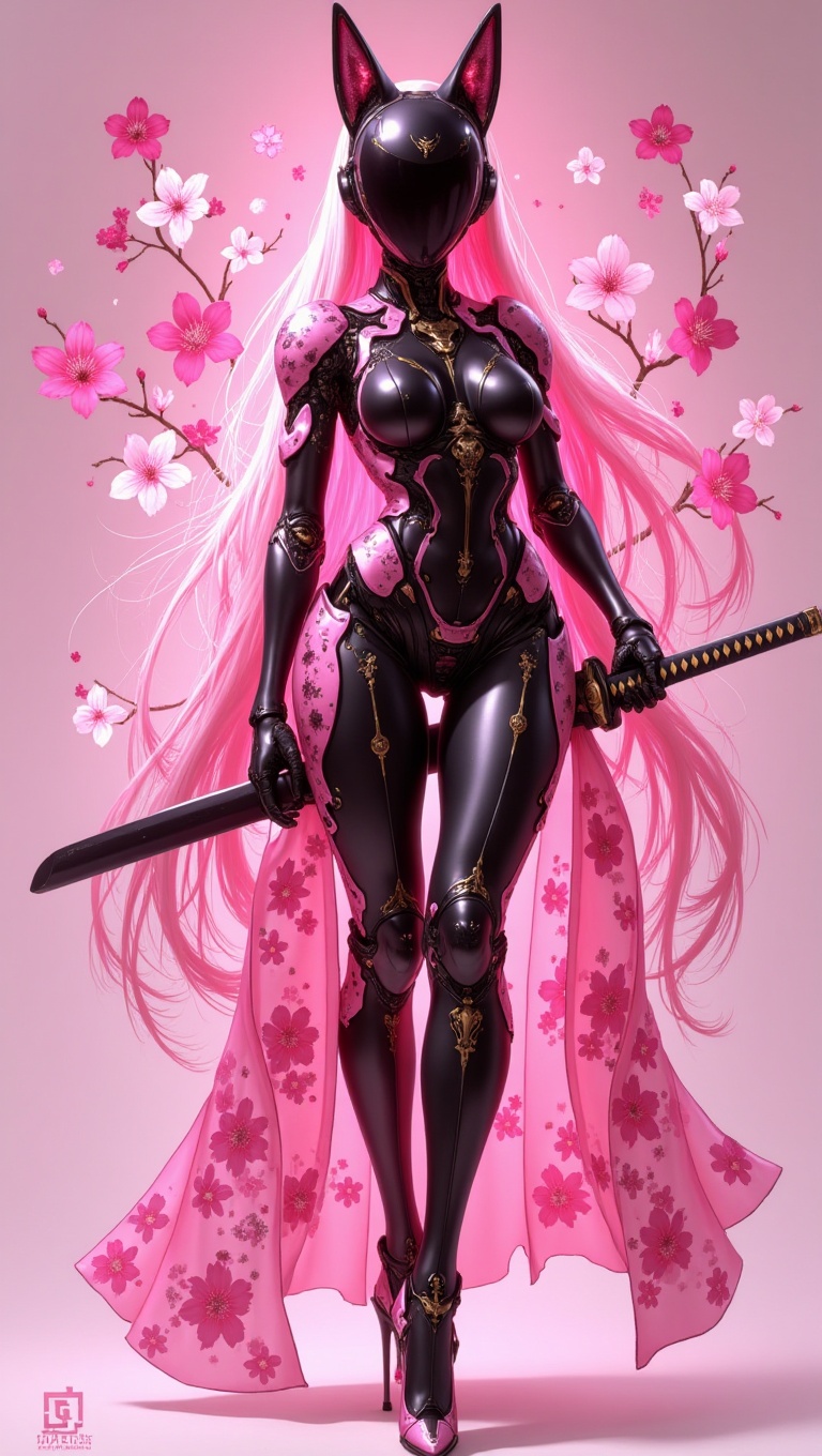 A tall,  imposing cybernetic samurai warrior,  feminine and graceful on Tensor.Art