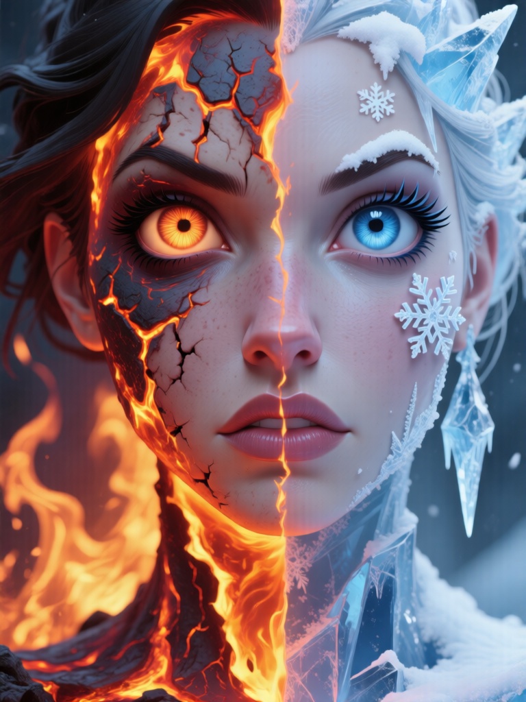 3D,  Real Cartoon,  Ultra-detailed hyper-realistic portrait of a woman split perfectly down the middle one half representi...