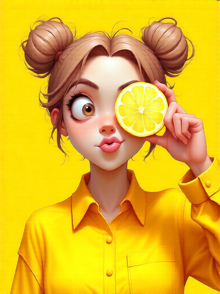3D,  Real Cartoon,  a young woman with light brown hair styled in two buns on Tensor.Art