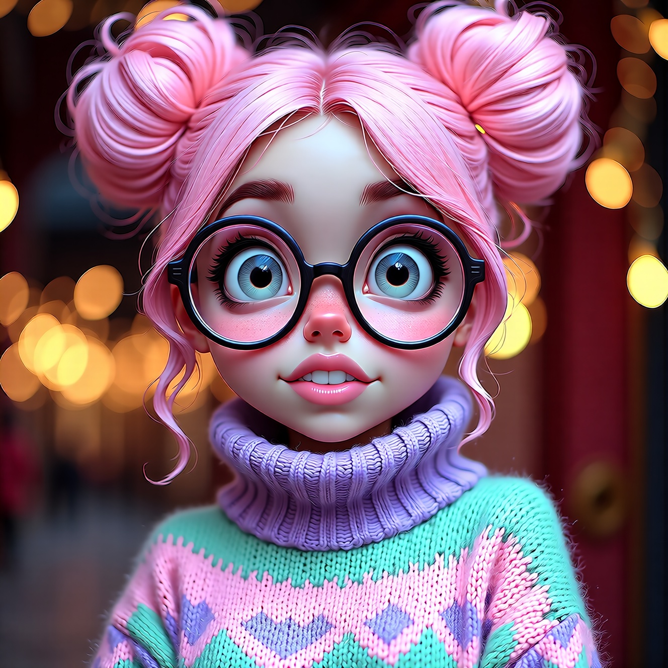 3D,  Real Cartoon,  a young person with pink hair styled in two buns on Tensor.Art