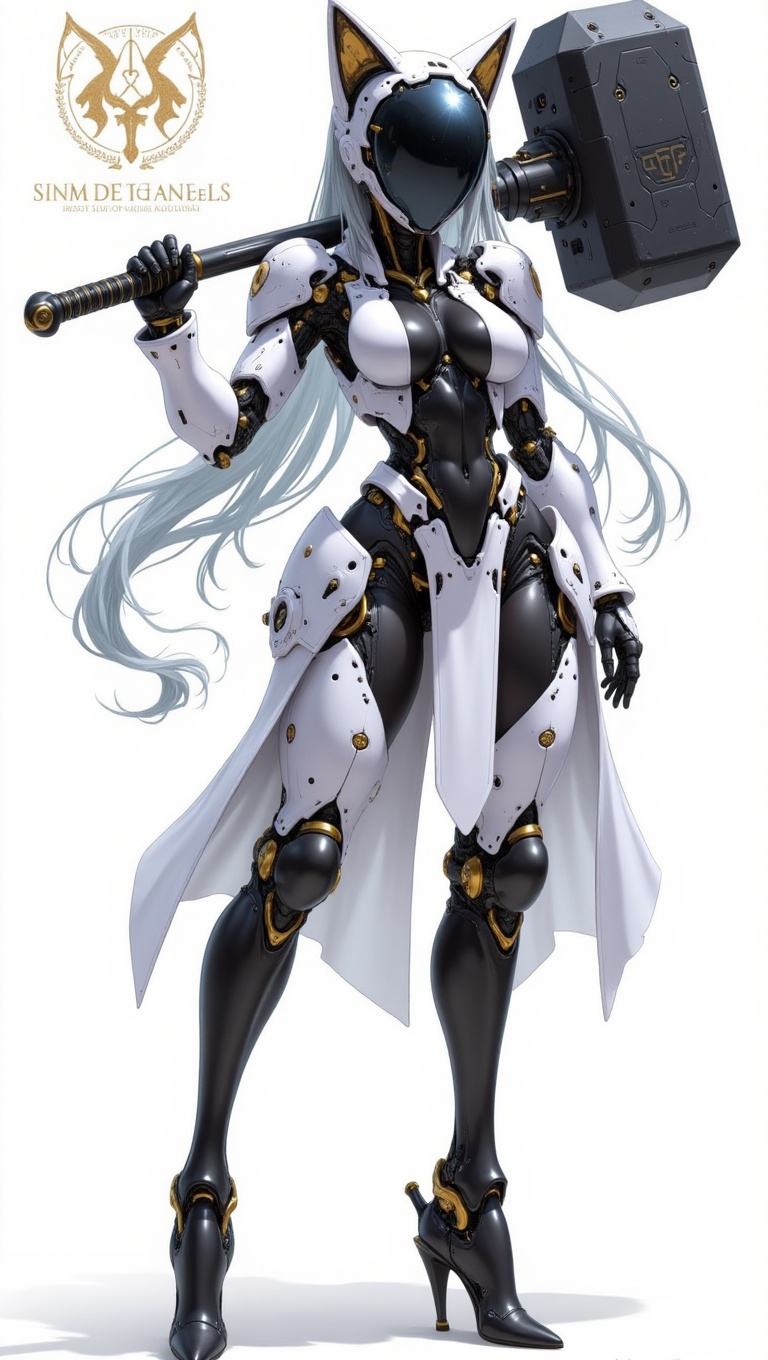 8K UHD,  full body or upper body portrait of a tall female android warrior,  futuristic cat-ear helmet with glossy black v...