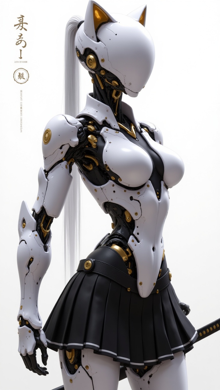 This image portrays a striking and elegant female android samurai,  blending futuristic robotics with traditional Japanese...