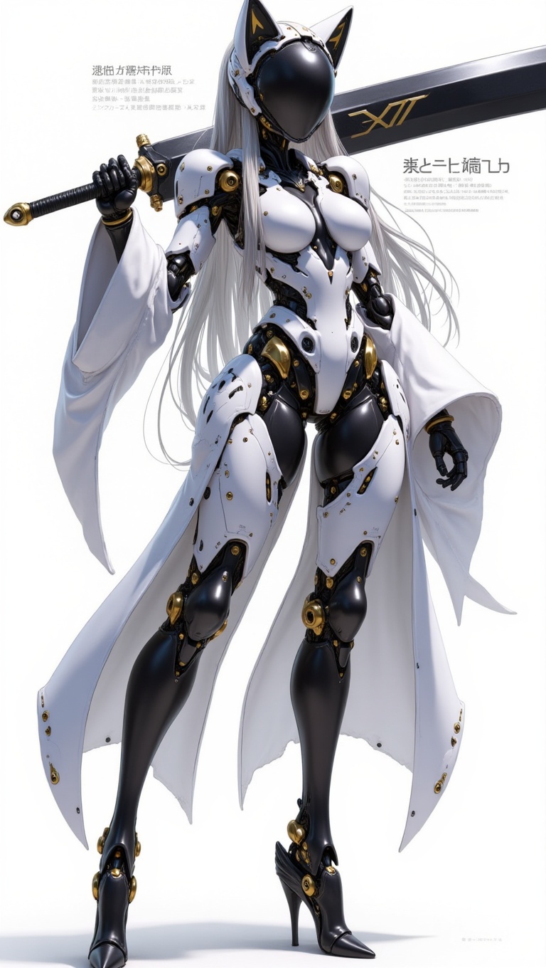 8K UHD,  full body or upper body portrait of a tall female android warrior,  futuristic cat-ear helmet with glossy black v...