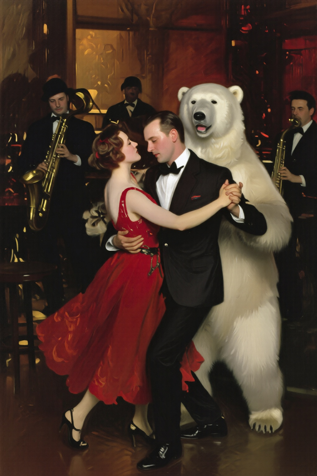johnsingersargent6q painting. A couple dancing with a polar bear at a jazz club. A band is playing in the background. on T...