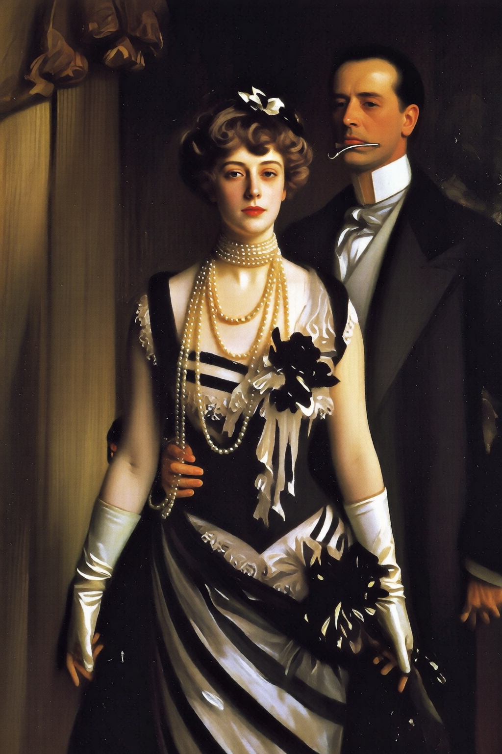 johnsingersargent6q painting. pierreaugusterenoir1. A couple at the Opera house. A woman dressed in a black and white stri...