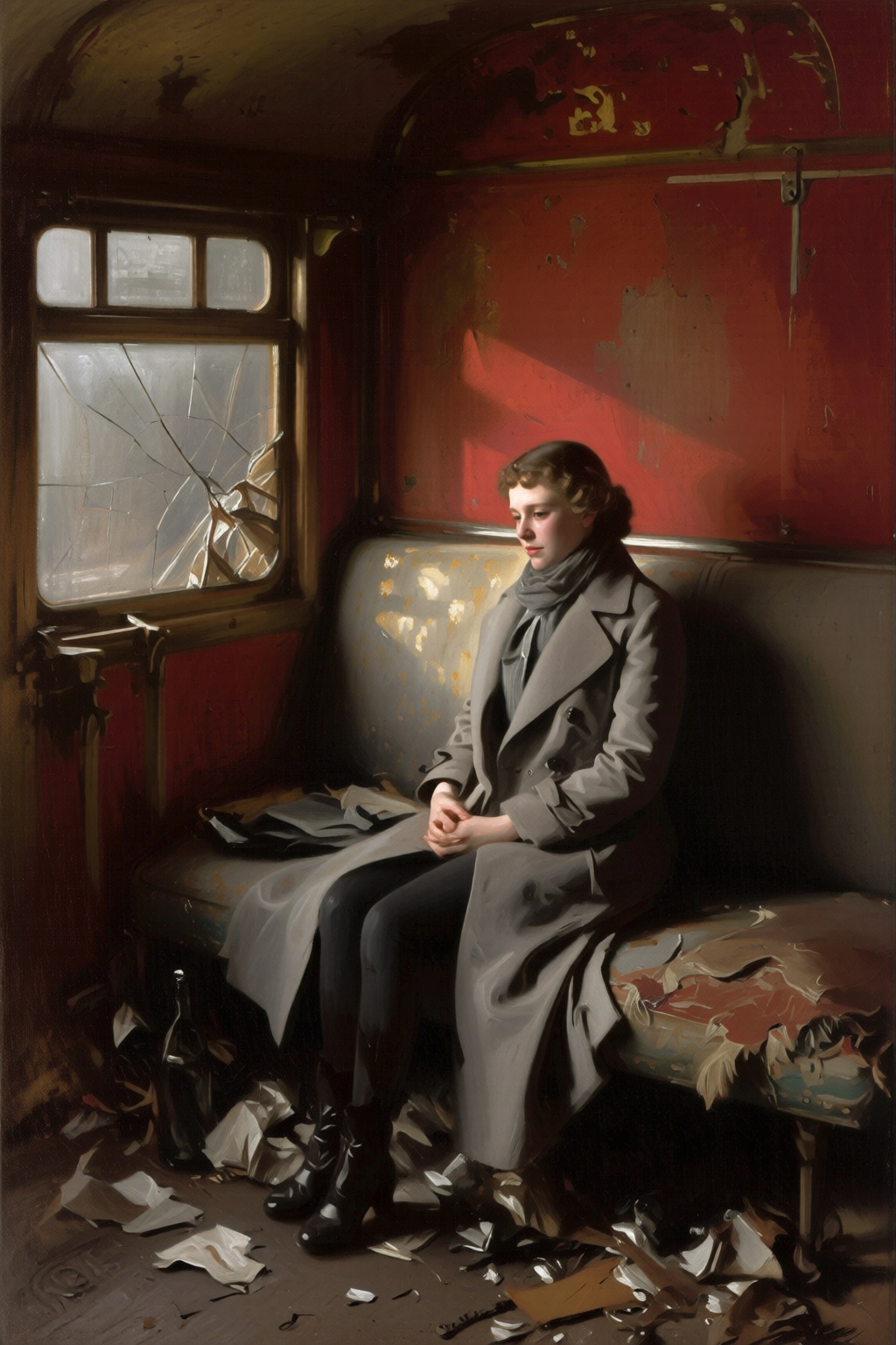 johnsingersargent6q painting. A young woman,  shown in 3/4 view,  is sitting in a dilapidated train car. The train's red i...