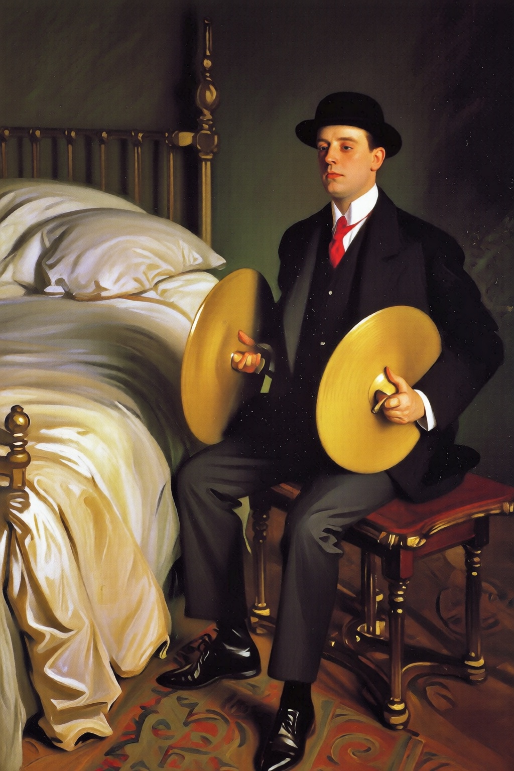 johnsingersargent6q painting. The scene depicts a whimsical,  surreal bedroom setting. On the left is a man sleeping on a...
