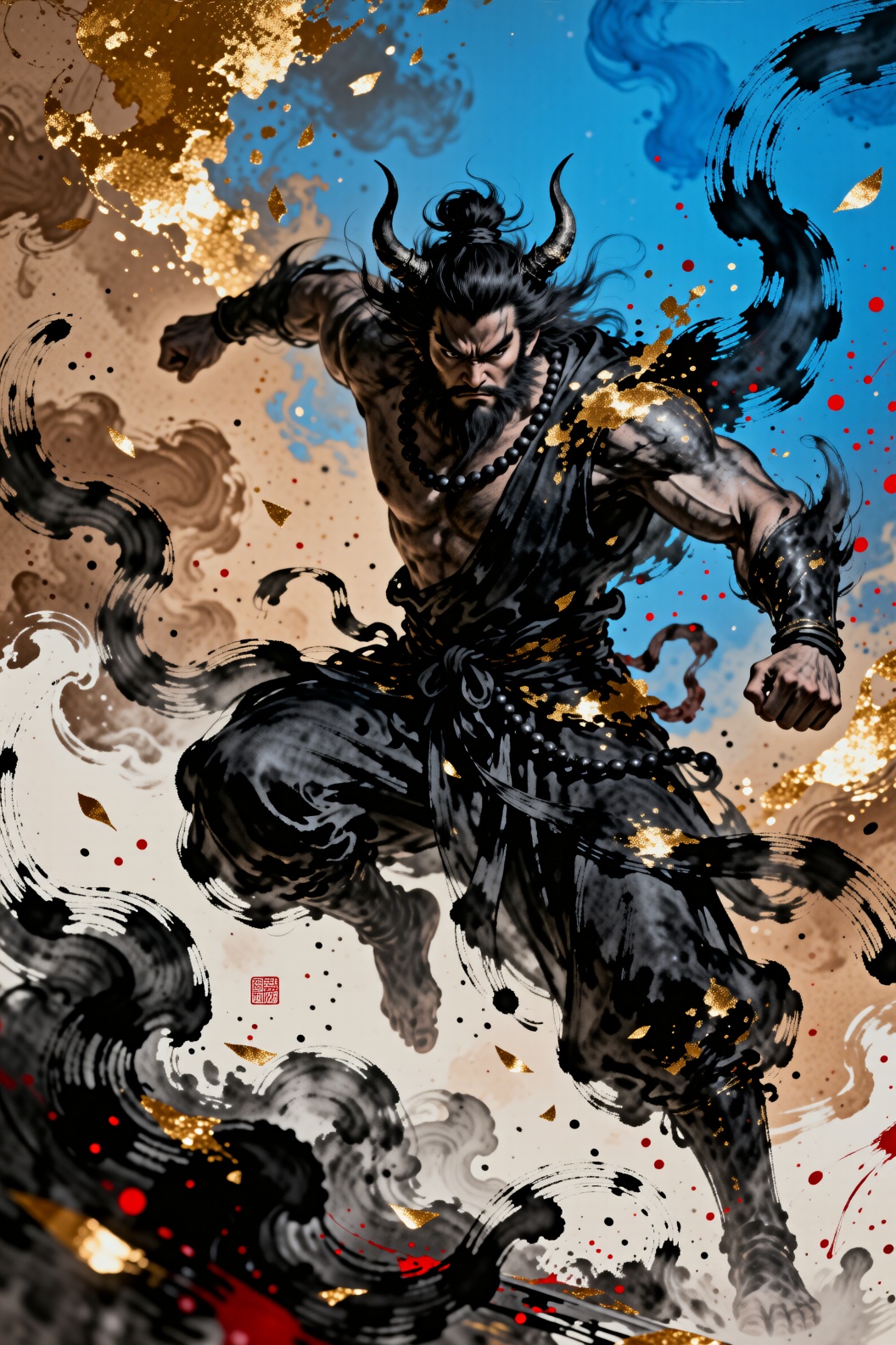 Striking artwork Mythic warrior Mid-leap East Asian ink Modern digital Muscular figure Wild black hair Fierce features Pro...