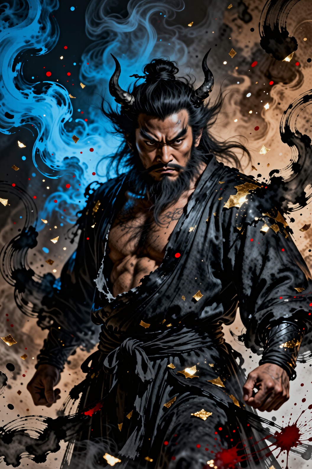 Powerful mythic figure Fierce presence Long black hair Topknot hairstyle Curved horns Demonic or divine Stern face Deep wr...