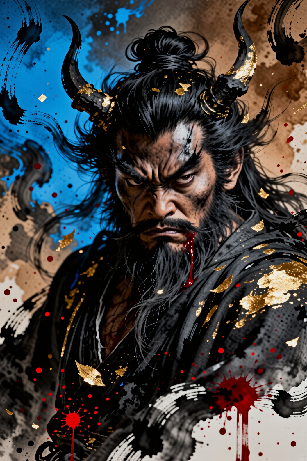 fierce demonic warrior powerful presence dark weathered face deep lines angry expression fiery red eyes long wild hair top...