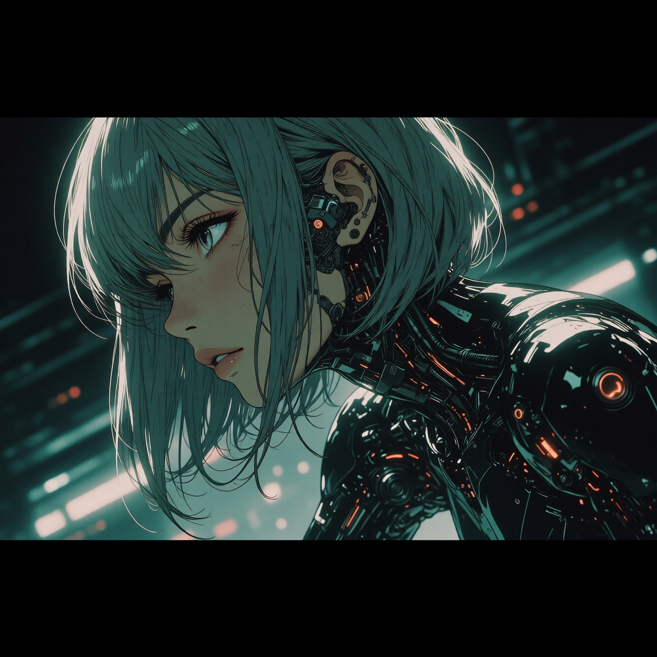 A short-length straight-haired girl made of intricate machinery,  drawn with extremely fine lines. The illustration has ha...
