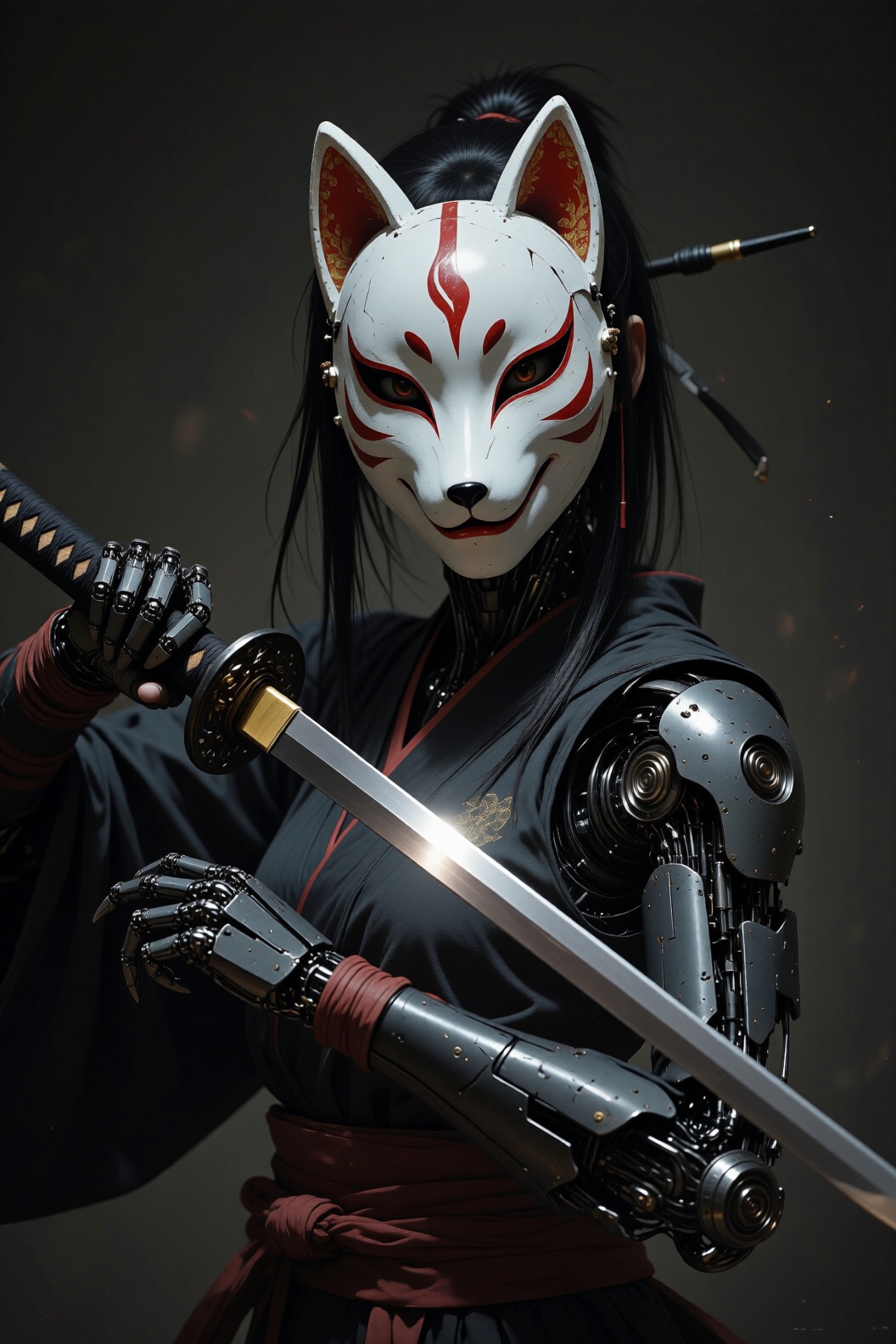 A mechanical woman a traditional Japanese fox mask stands in the dark. She holds a katana in one hand,  and arms open. The...