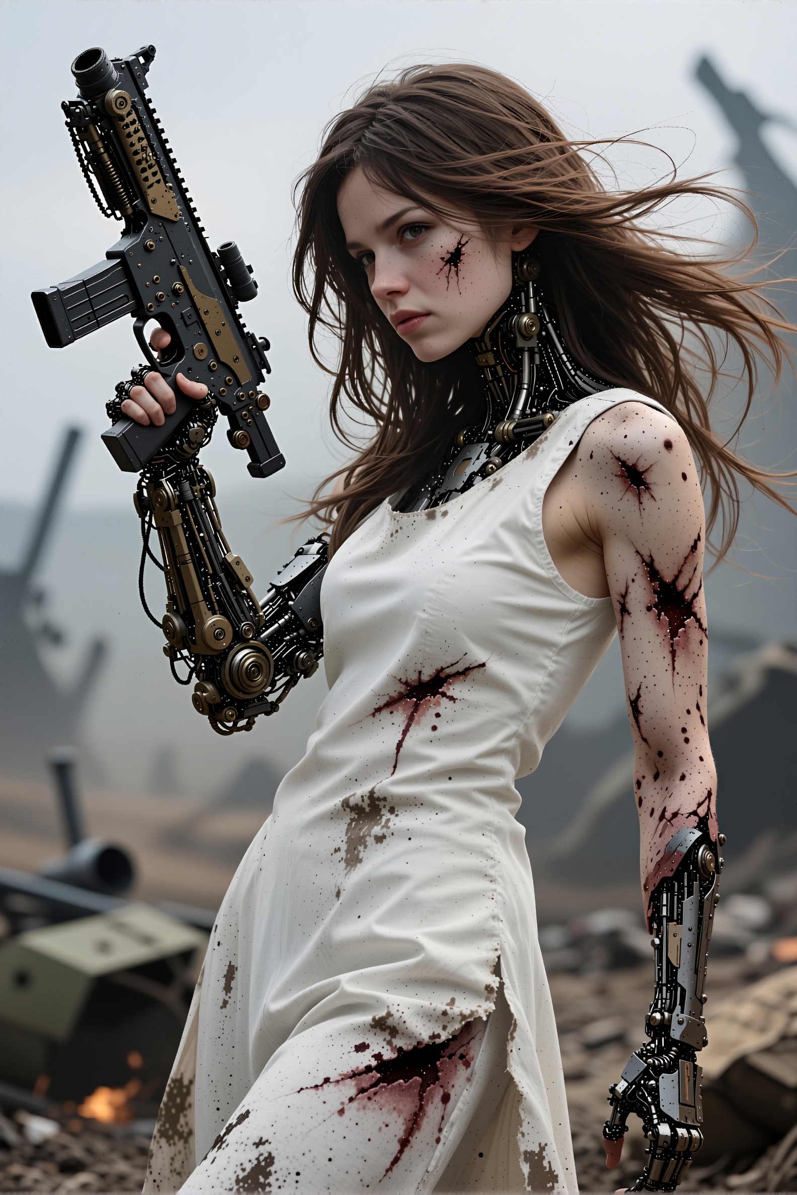 A woman is waking. Wearing sleeveless white dress. One of her arms is made of an elaborately machined weapon,  which she i...