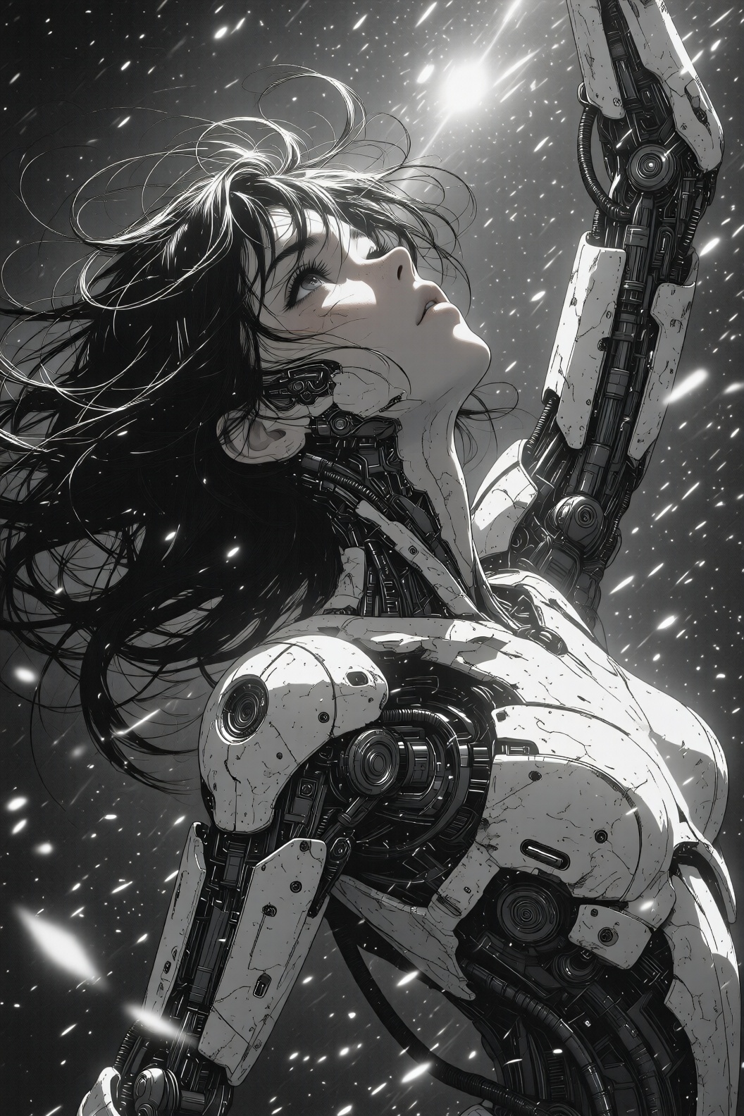 A medium-haired girl made of intricate machinery,  drawn with extremely fine lines. The illustration has a hand-drawn feel...