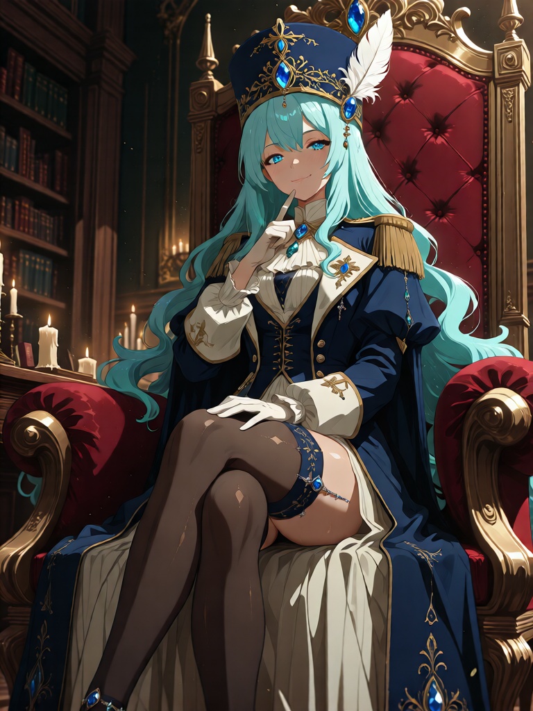 A breathtakingly elegant young woman with luminous,  icy-blue hair cascading in soft waves sits regally on a plush crimson...