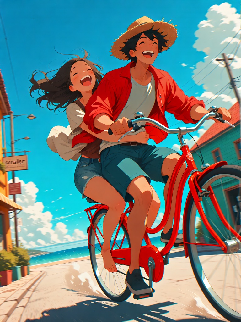 Two joyful friends riding a bright red bicycle through a sun-drenched,  colorful coastal town. The guy in front wears a re...