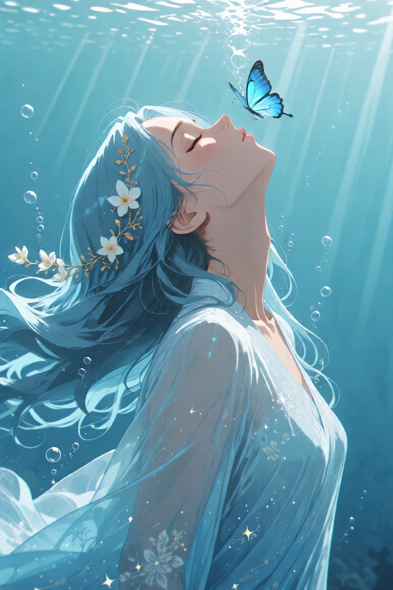 young woman with long,  flowing sky-blue hair gently floating underwater,  head tilted back on Tensor.Art