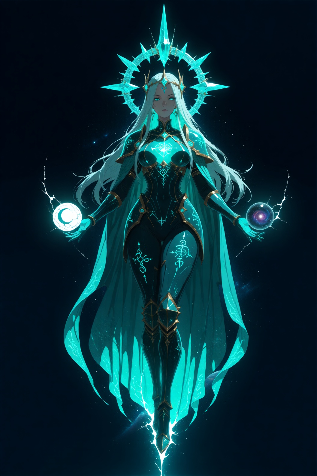 A radiant celestial being stands suspended in the velvet void of deep space,  bathed in pulsating cyan and electric-blue l...