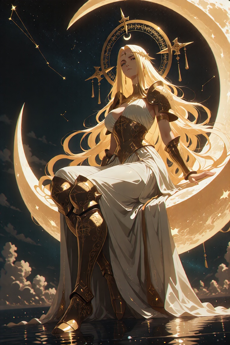 A celestial goddess with flowing,  radiant golden hair that cascades like liquid sunlight,  seated gracefully atop a colos...